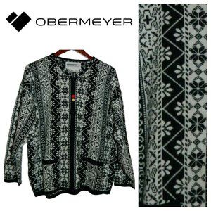 Vtg Obermeyer Womens Medium Sweater Nordic Fair Isle Ski Black White Wool